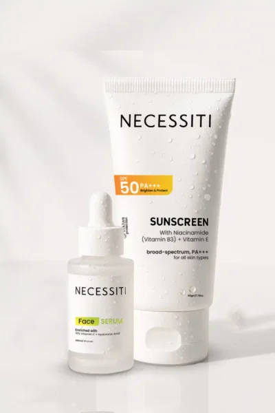 NECESSITI SPF 50+++ Sunscreen + Vitamin C Serum.