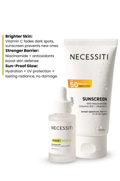 NECESSITI SPF 50+++ Sunscreen + Vitamin C Serum.