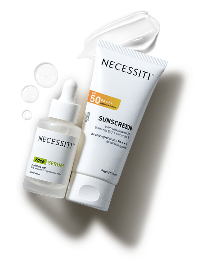 NECESSITI SPF 50+++ Sunscreen + Vitamin C Serum.